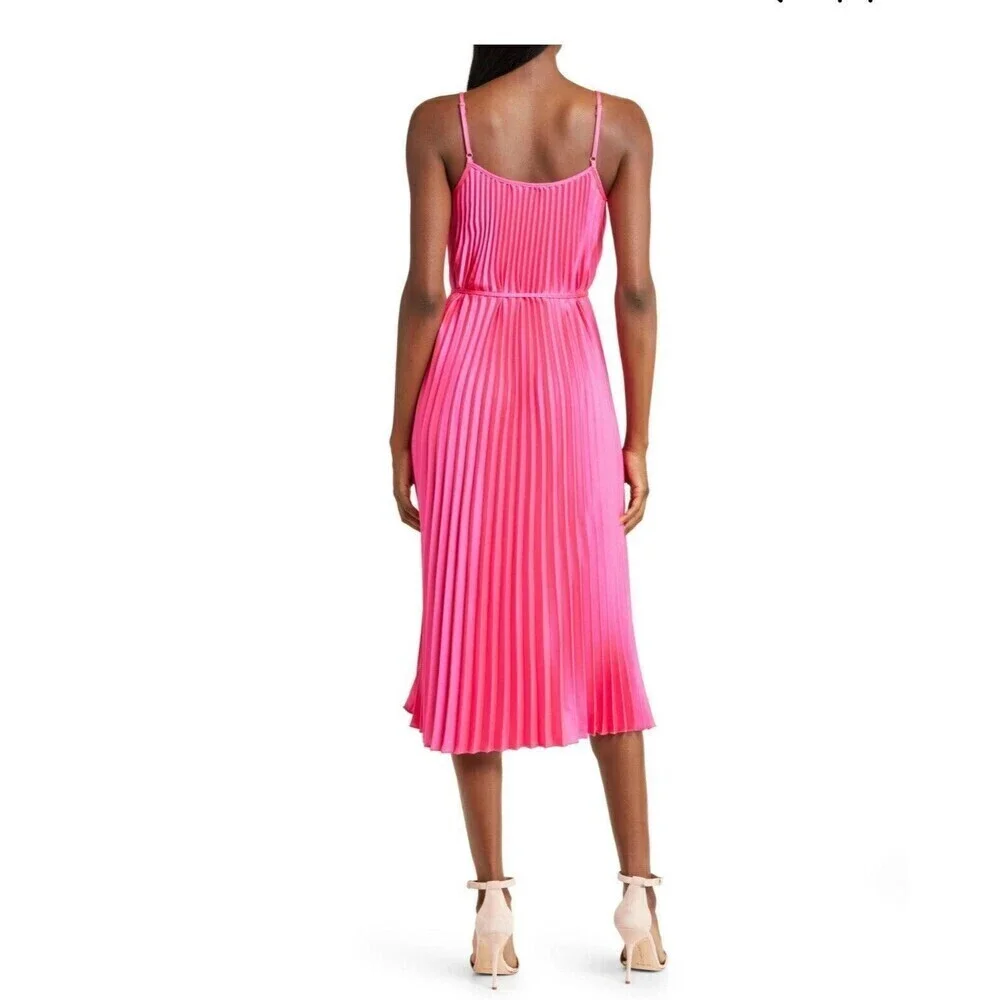 Sam Edelman barbiecore midi dress Hammered Satin Plissé luxury Dress Pink tie M - Picture 2 of 9